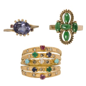 Three gemstone and 14k gold rings