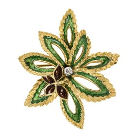 An enamel, diamond, and 18k gold brooch