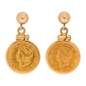 A pair of gold coin and 14k gold earrings