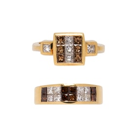 Two colored diamond, diamond and 18k gold rings