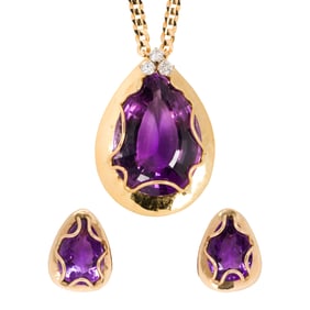 An amethyst, diamond, and 18k gold necklace and earring set