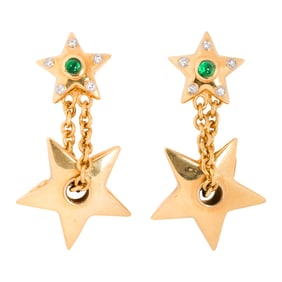 A pair of emerald, diamond and 18k gold star earrings, Italy