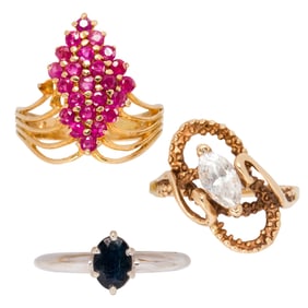 Three gemstone and 14k yellow and white gold rings