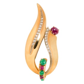 A ruby, emerald, diamond, and 18k gold brooch