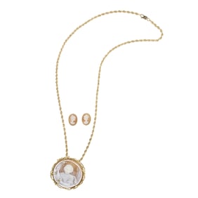 A shell cameo and 18k gold pendant necklace and earrings