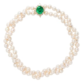 An emerald, diamond, cultured pearl and 14k gold double strand necklace