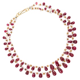 A ruby, cultured pearl, 18k and 14k gold beaded necklace