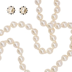 A cultured pearl, diamond, sapphire, and 14k gold necklace and earrings