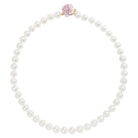 A Mikimoto cultured pearl, diamond, enamel and 18k gold necklace