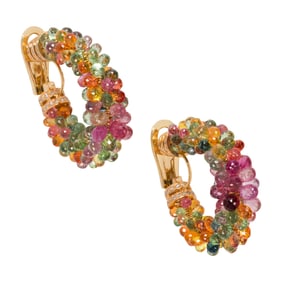 A pair of multi-color sapphire, diamond, and 18k gold earrings