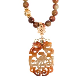 A rust jade and 14k gold necklace and pendant-enhancer