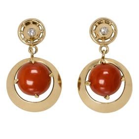 A pair of coral, diamond and 18k gold drop earrings