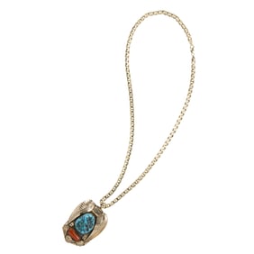 A turquoise, coral, silver, and 14k gold pendant necklace