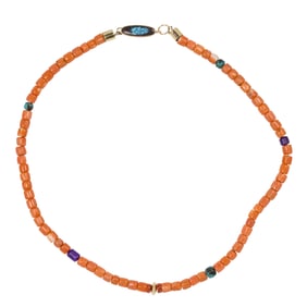A coral, turquoise, sugilite, and 14k gold beaded necklace