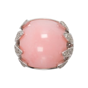 A rose quartz, diamond and 18k white gold ring