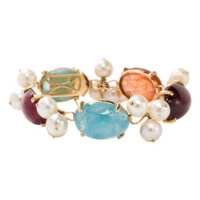 A tourmaline, aquamarine, pearl, and 14k gold bracelet