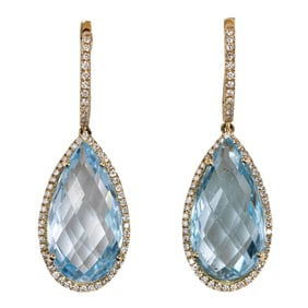 A pair of topaz, diamond, and 14k gold earrings