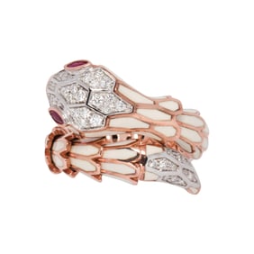 An Alexis NY enamel, diamond, ruby, and 18k rose-gold plated ring