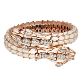 An enamel, diamond, ruby, silver, and 18k rose gold-plated bangle