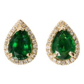 A pair of emerald, diamond, and 14k gold earrings