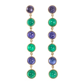 A Pair of Emerald, Tanzanite, and 18k Gold Earrings
