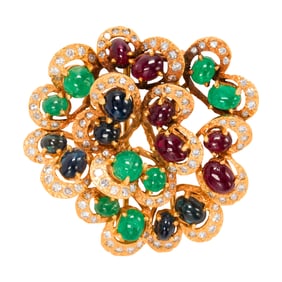A ruby, sapphire, emerald, diamond, and 18k gold clip brooch