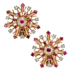 A pair of ruby, diamond, and 14k gold ear clips