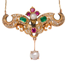 An emerald, ruby, pearl, enamel, and 14k gold necklace