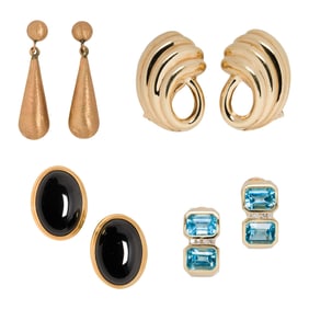 Four pairs of gemstone and 14k gold jewelry