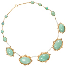 An antique turquoise, diamond and 14k gold necklace