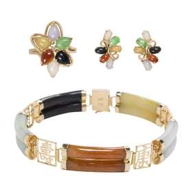 A multi-color jade and 14k gold jewelry suite
