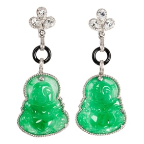 A pair of jade, onyx, diamond, white sapphire and 14k white gold earrings