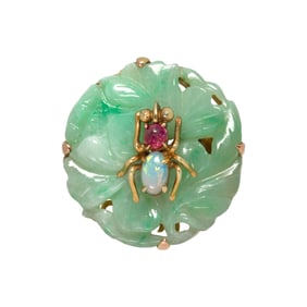 A jade, opal, ruby, and 14k gold ring