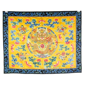 A Chinese yellow-ground embroidered dragon roundel panel