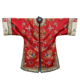 A Chinese embroidered red-ground robe