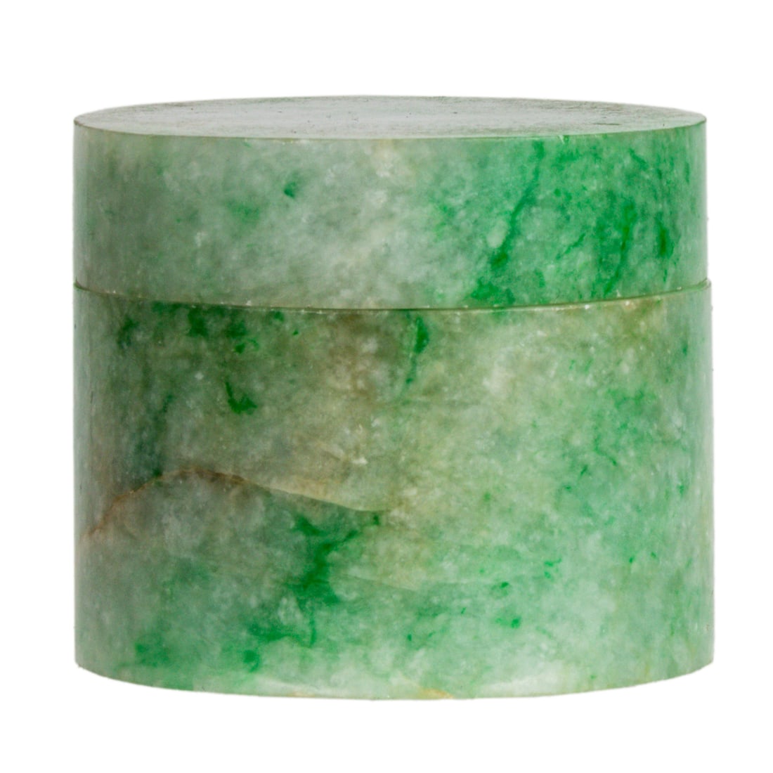 A Chinese green jadeite cylindrical dresser box (1 of 2)
