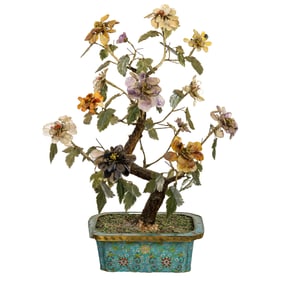 A pair of Chinese cloisonne planters with jade trees