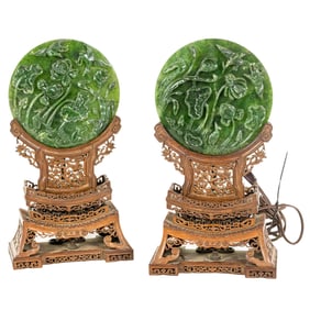 A pair of Chinese spinach jade table screens