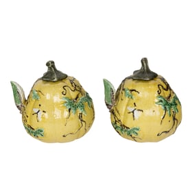 Pair of Chinese yellow glazed pumpkin-form teapots