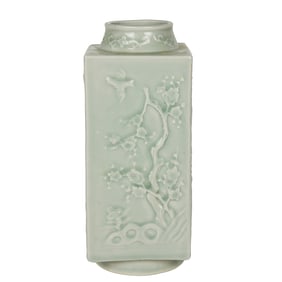 A Chinese celadon glazed square-form vase with molded decorations