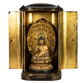 A Japanese lacqured zushi shrine with a gilt lacqured Buddha Amida