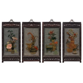 (lot of 4) Chinese glass painting with zitan frames