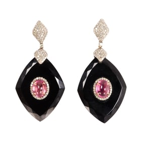 Rubelite, diamond, onyx, silver, and 14k gold earrings