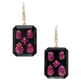 A Pair of Ruby, Onyx, Diamond, Silver, and 14k Gold Earrings