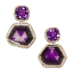 A Pair of Amethyst, Diamond, silver, and 14k Gold Earrings