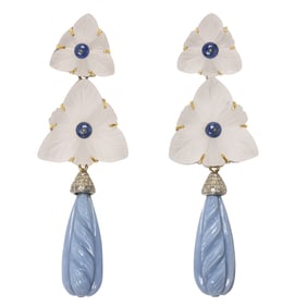 A Pair of Rock Crystal, Blue Opal, Sapphire, Silver, and 14k Gold Earrings