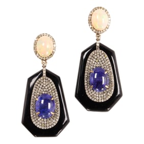 A pair of opal, tanzanite, diamond, onyx, silver, and 14k gold earrings