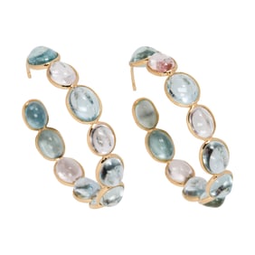 A pair of aquamarine and 18k gold hoops