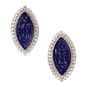 A Pair of Lapis Lazuli, Moonstone, Diamond, Silver, and 14k Gold Earrings