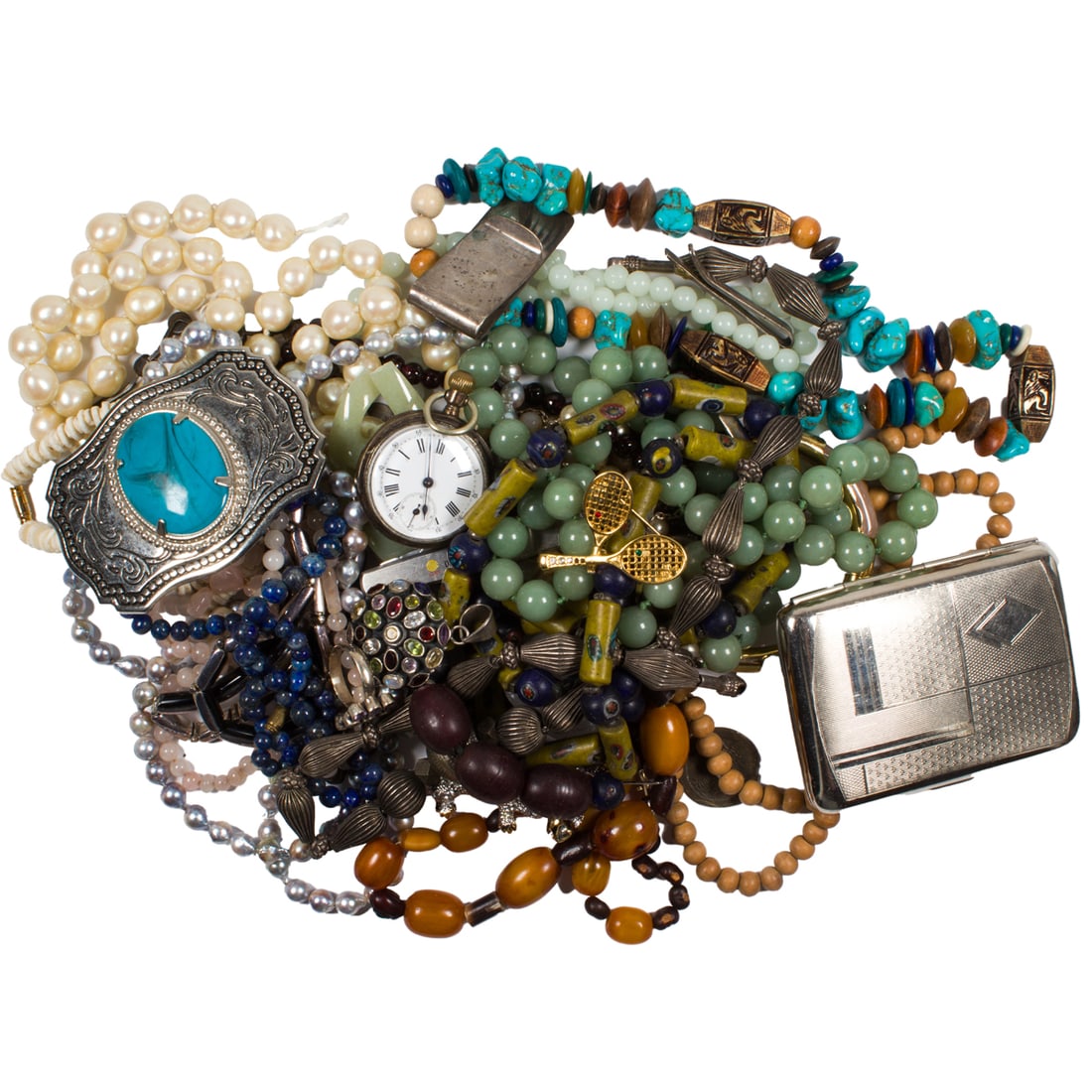 A miscellaneous group of jewelry: A miscellaneous group of jewelryComprising an assortment of jewelry including jade, beads, brooches, etc. of varying styles and sizes; gross weight: 3.00 pounds